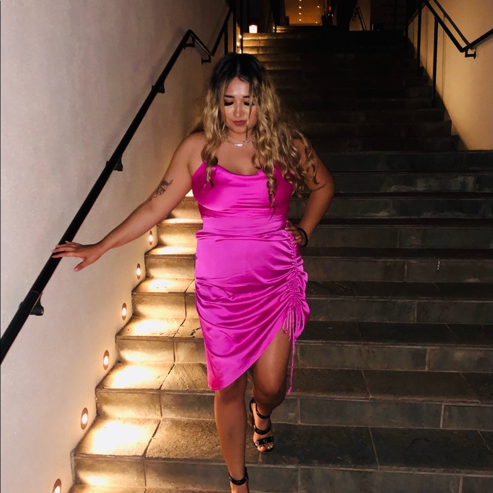 Fashion Nova satin pink asymmetrical dress